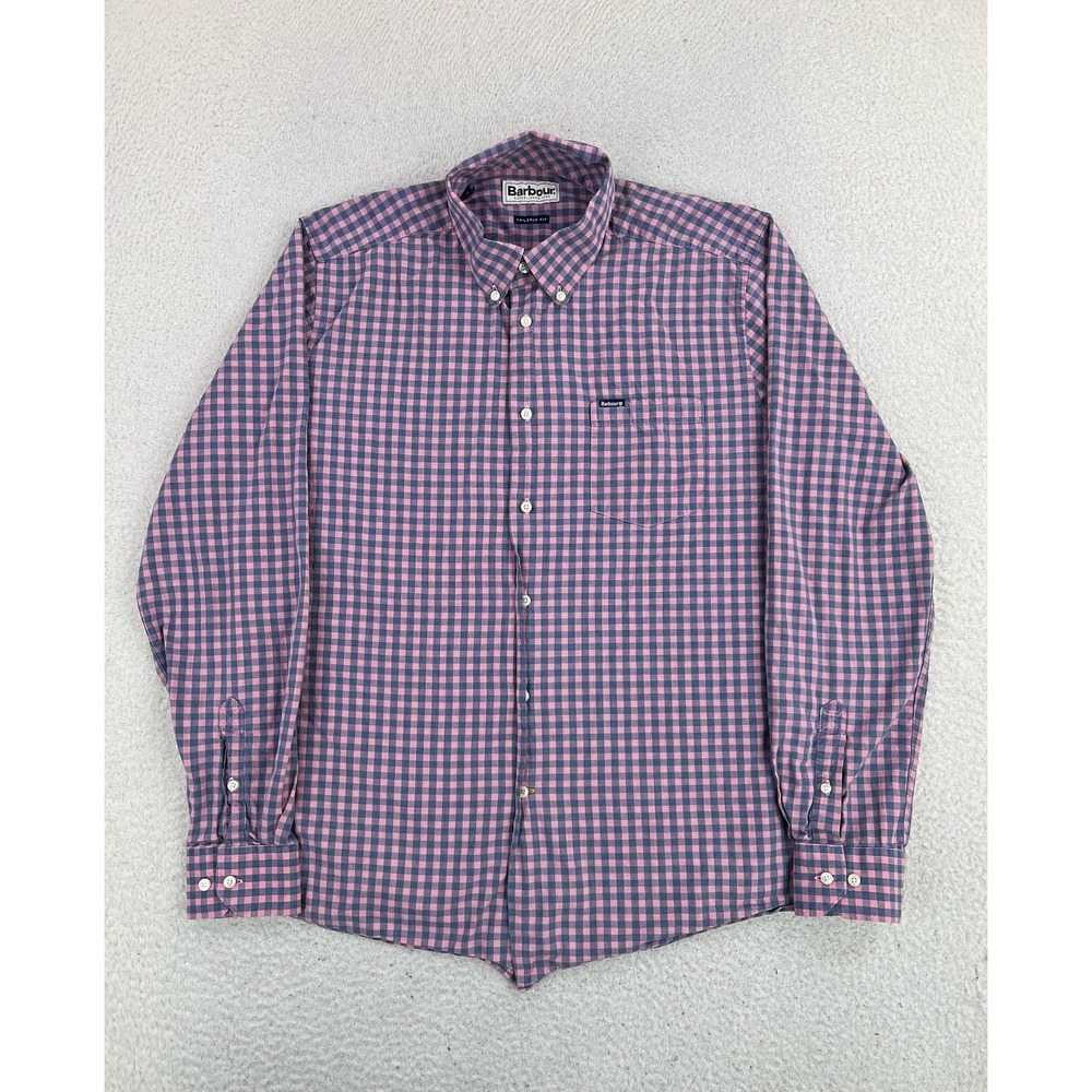 Barbour Shirt Mens Medium Pink Check Cotton Tailored Fit Long Sleeve Button Up